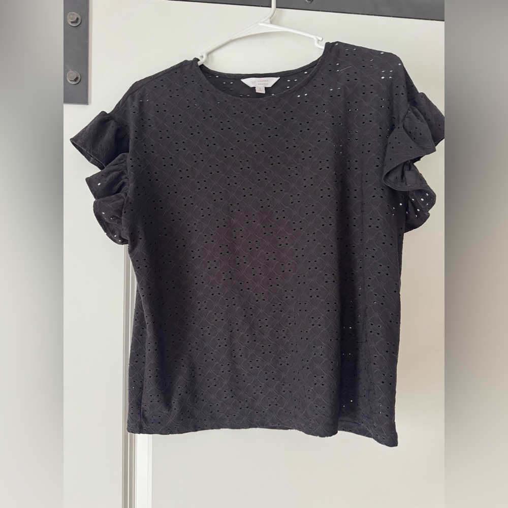 LC Lauren Conrad Black Eyelet Ruffle Sleeve Blouse